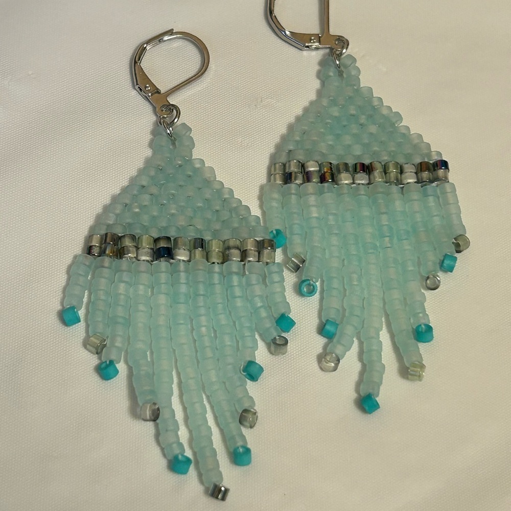Frosted Aqua Fringe Beaded Earrings – 3.5”